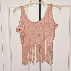 Charlotte Russe pink and silver woven fringe cropped open shoulder tank size S!